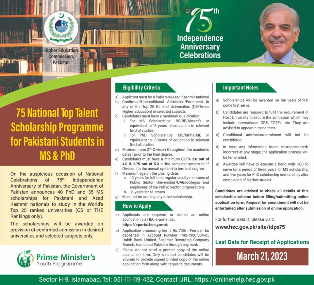HEC Talent Scholarship Program 2023 for Pakistani Students in MS & PhD 